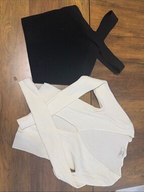Cross-Back Crop Top and Knit Wrap Set - Black & White both cropped style